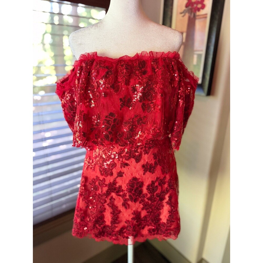 NBD Red Sequin Fern Mini Dress Small Off the Shoulder
